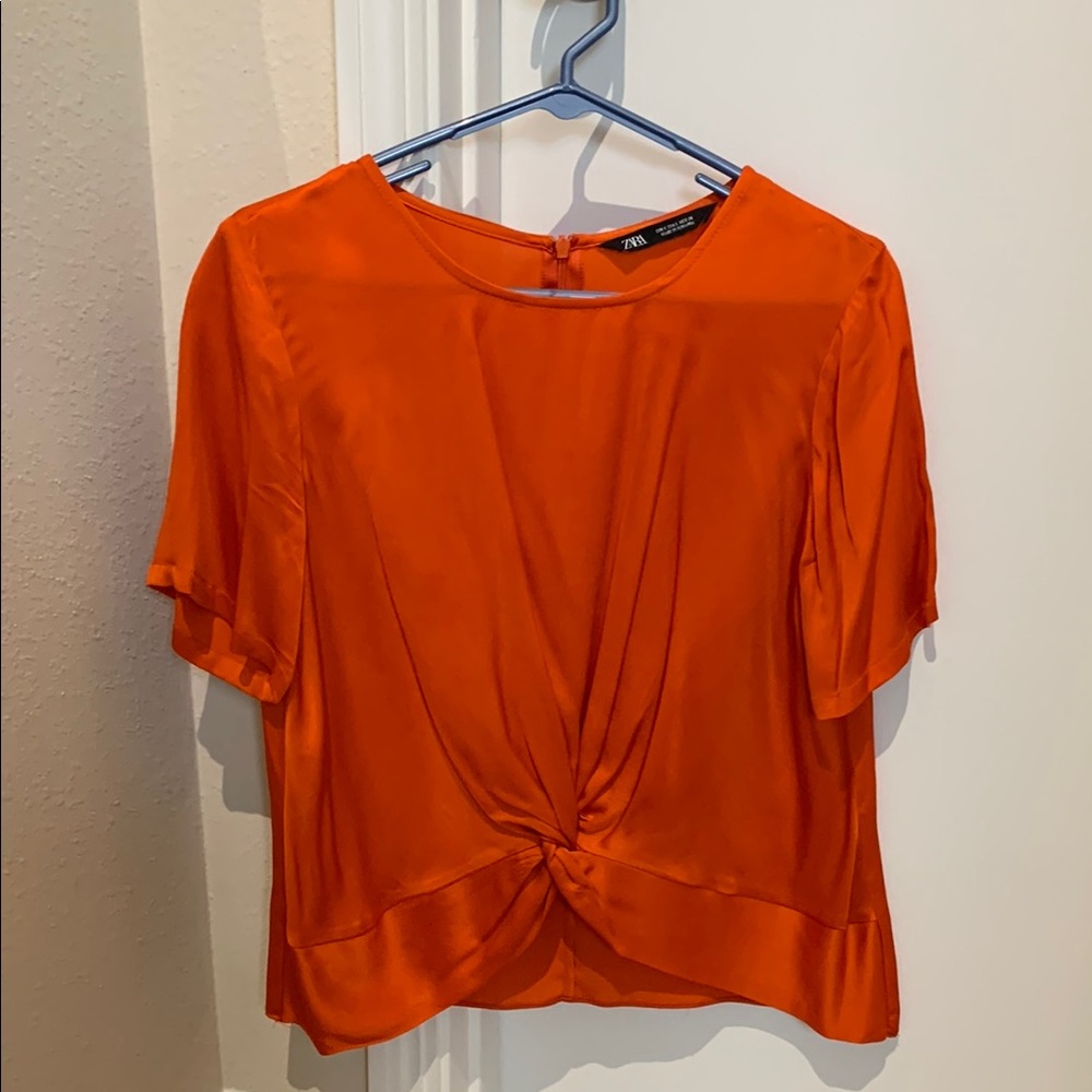 Zara Bright Orange Knot-Front Short Sleeve Blouse
